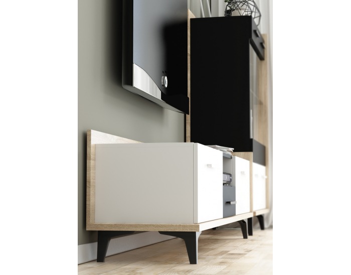TV stolík Box BOX-09 - sonoma svetlá / biela / čierna