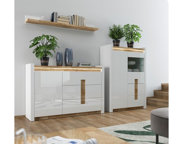 Šatníková skriňa s osvetlením Alameda SZF2D2S - biely lesk / dub westminster