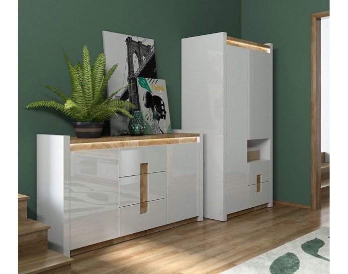 Šatníková skriňa s osvetlením Alameda SZF2D2S - biely lesk / dub westminster