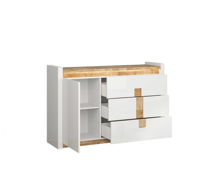 Komoda s osvetlením Alameda KOM1D3S - biely lesk / dub westminster