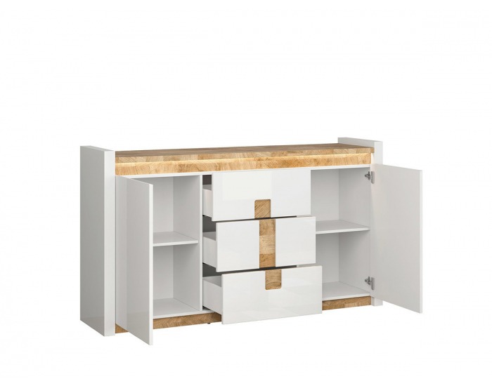 Komoda s osvetlením Alameda KOM2D3S - biely lesk / dub westminster