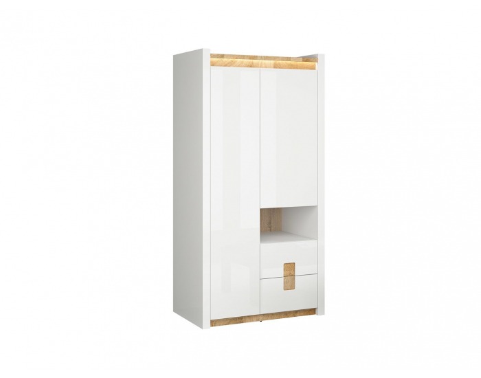 Šatníková skriňa s osvetlením Alameda SZF2D2S - biely lesk / dub westminster