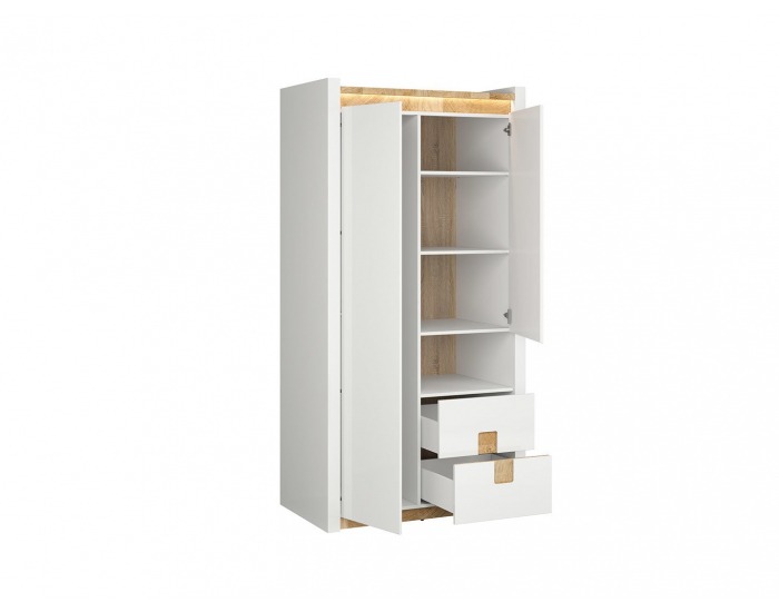 Šatníková skriňa s osvetlením Alameda SZF2D2S - biely lesk / dub westminster