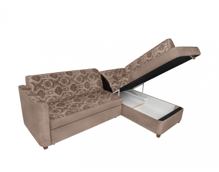 Rohová sedačka s rozkladom a úložným priestorom Amberg P - béžová / vzor / drevo (TX061)