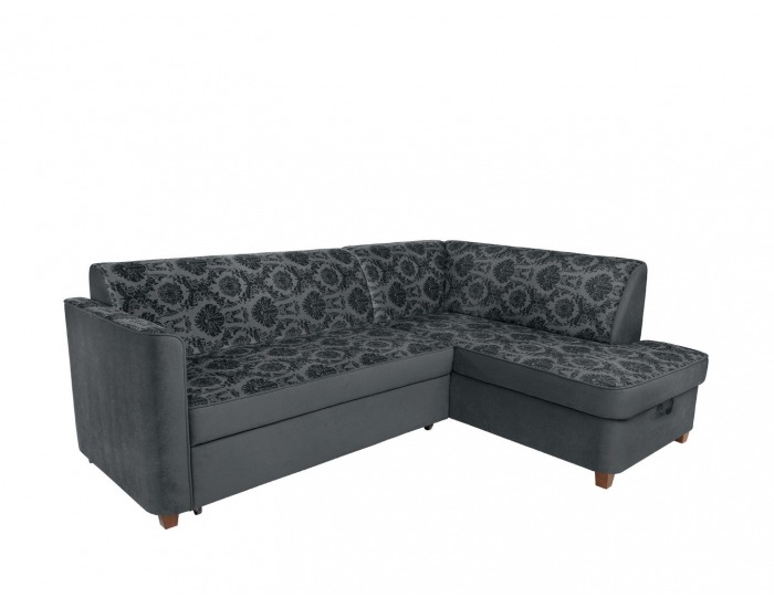 Rohová sedačka s rozkladom a úložným priestorom Amberg P - tmavosivá / vzor / drevo (TX061)