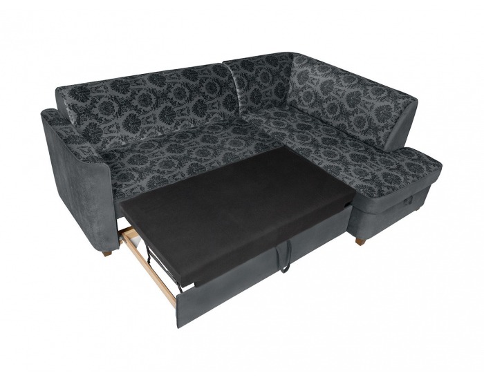 Rohová sedačka s rozkladom a úložným priestorom Amberg P - tmavosivá / vzor / drevo (TX061)