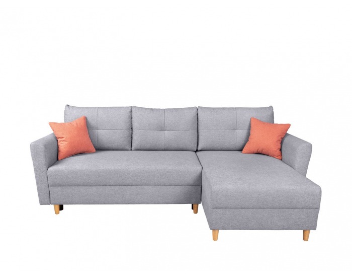 Rohová sedačka s rozkladom Aradena Lux L/P - svetlosivá / koralová / drevo (TX002)