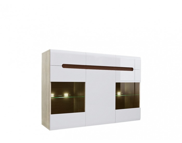 Vitrína s osvetlením Azteca KOM2W1D3S/10/15 - dub san remo / biely lesk / wenge magia