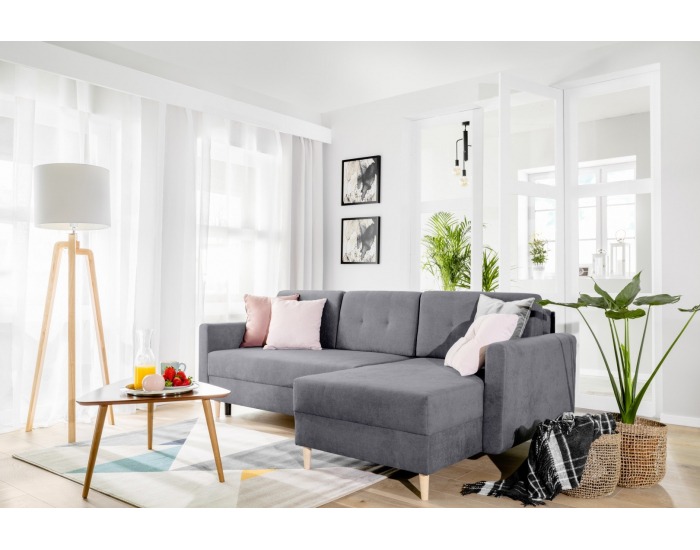 Rohová sedačka s rozkladom Feliz Lux L/P - sivá / drevo (TX002)