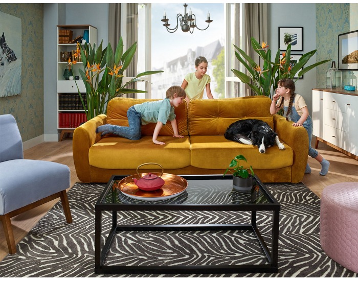 Pohovka s rozkladom a úložným priestorom Hampton Lux - žltá / wenge