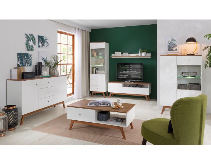 Komoda Heda KOM3S - biela / smrekovec sibiu zlatý / biely lesk