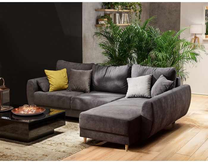 Rohová sedačka s rozkladom a úložným priestorom Oslo Lux L/P - tmavosivá / žltá