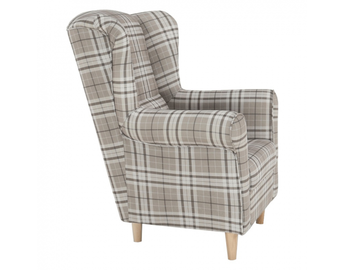 Kreslo (ušiak) Charlot - buk / hnedá károvaná