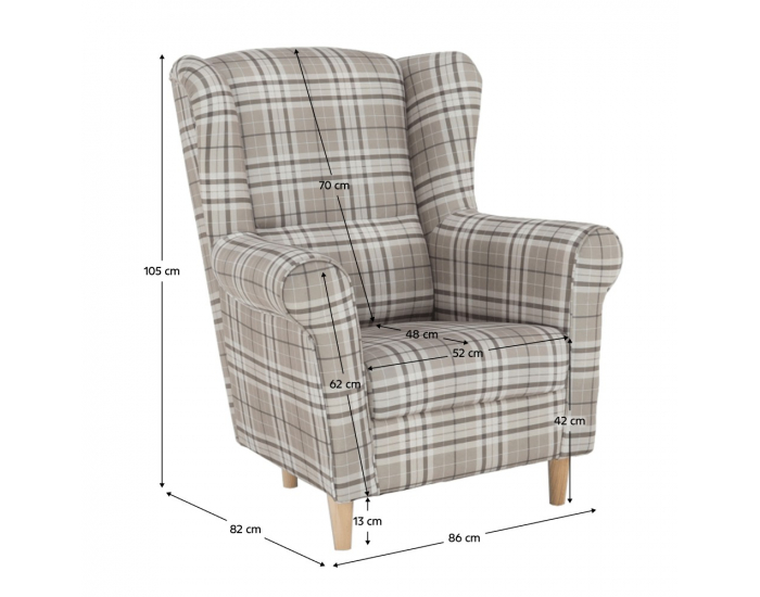 Kreslo (ušiak) Charlot - buk / hnedá károvaná