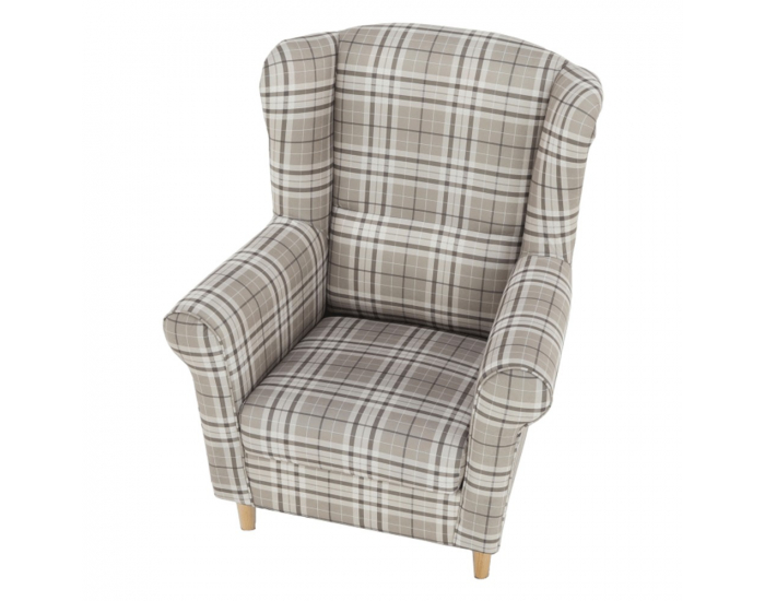 Kreslo (ušiak) Charlot - buk / hnedá károvaná