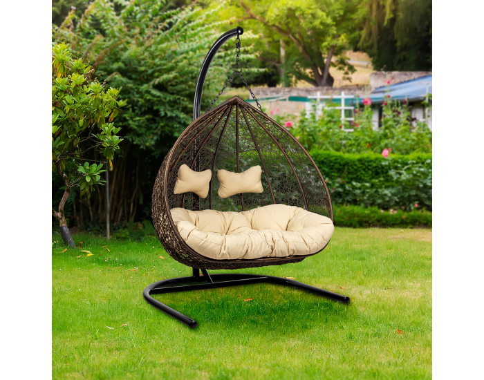 Závesné hojdacie kreslo Cuban - hnedý ratan / béžové podušky