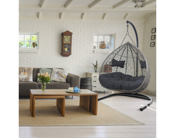 Závesné hojdacie kreslo Cuban - sivý ratan / čierne podušky