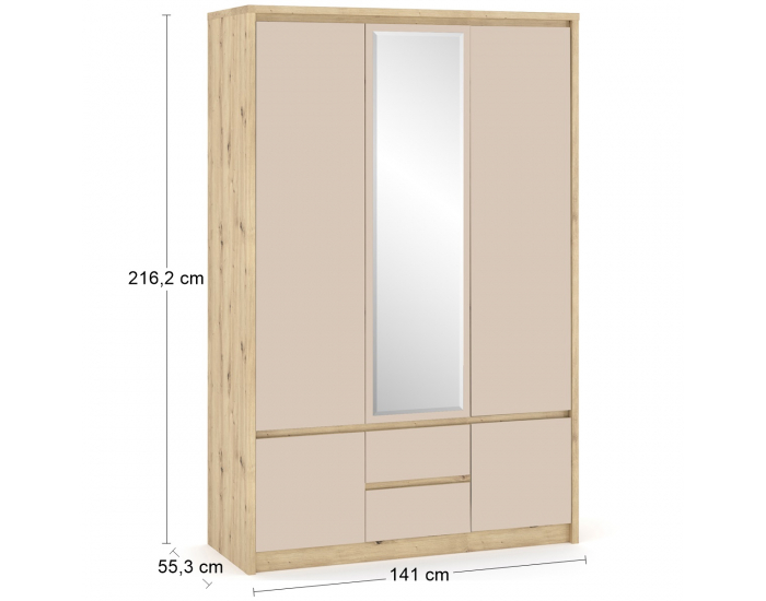 Trojdverová šatníková skriňa so zrkadlom Daicos W-3D2DRWS - dub artisan / champagne