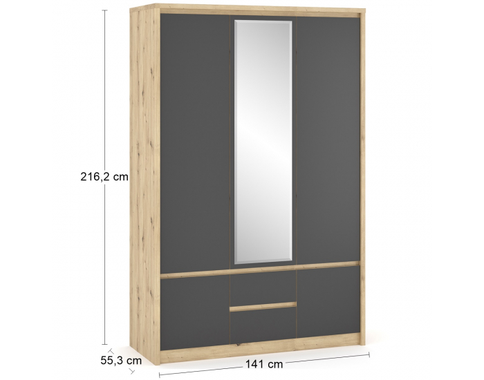 Trojdverová šatníková skriňa so zrkadlom Daicos W-3D2DRWS - dub artisan / sivá