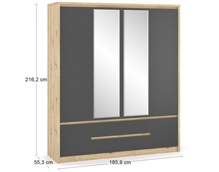 Štvordverová šatníková skriňa so zrkadlom Daicos W-4D2DRWS - dub artisan / sivá