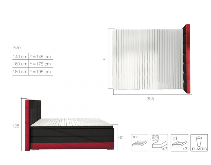 Čalúnená manželská posteľ s úložným priestorom Dalino 180 - vínová / čierna