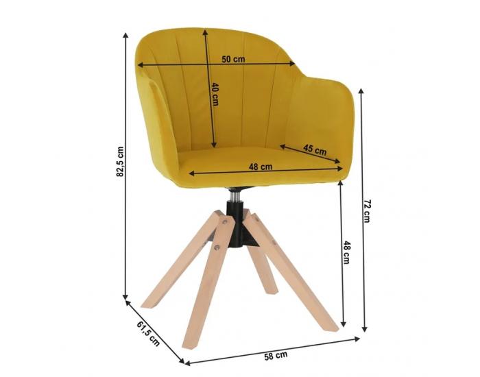 Dizajnové otočné kreslo Dalio - žltá (Velvet) / buk