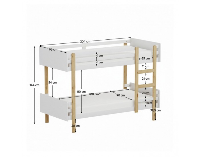 Drevená poschodová posteľ Damla 90x200 cm - biela / dub