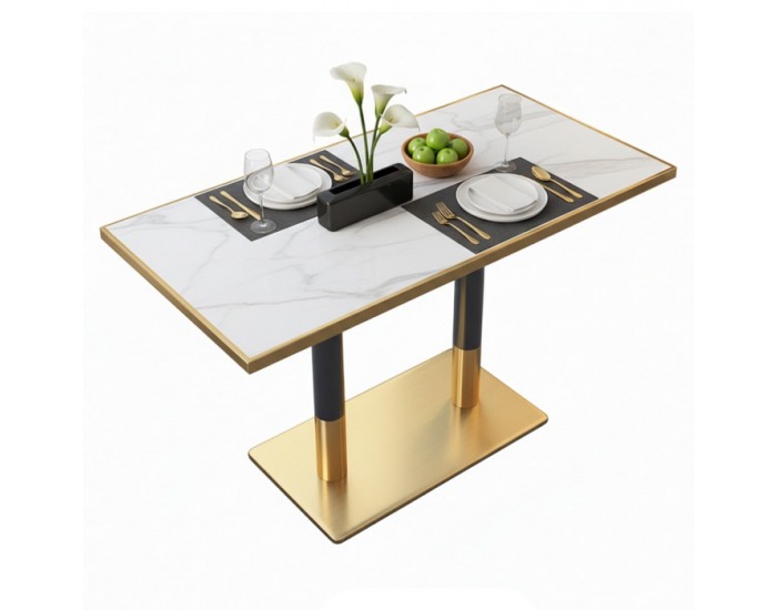 Jedálenský bistro stôl Darian 120x70 cm - biely mramor / čierna / zlatá