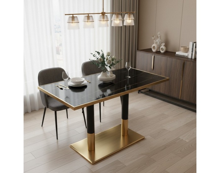 Jedálenský bistro stôl Darian 120x70 cm - čierny mramor / čierna / zlatá