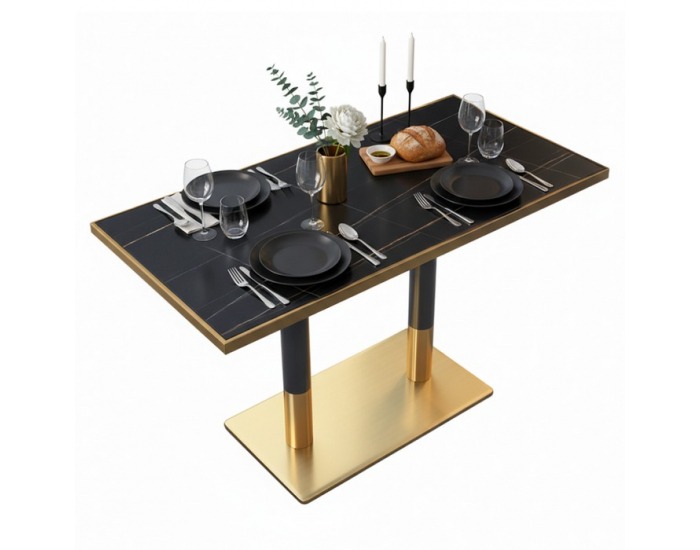 Jedálenský bistro stôl Darian 120x70 cm - čierny mramor / čierna / zlatá