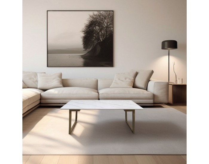 Konferenčný stolík Demian - biely mramor / buk