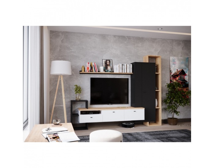 Obývacia stena Deniso - čierna / biela / dub craft zlatý