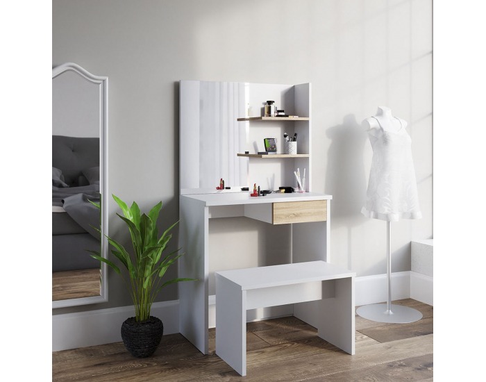 Toaletný stolík s lavicou Denosa - biela / dub sonoma