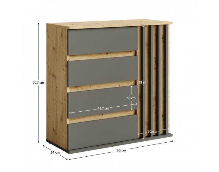 Jednodverová komoda so zásuvkami Deris 1D4Z - grafit / dub artisan