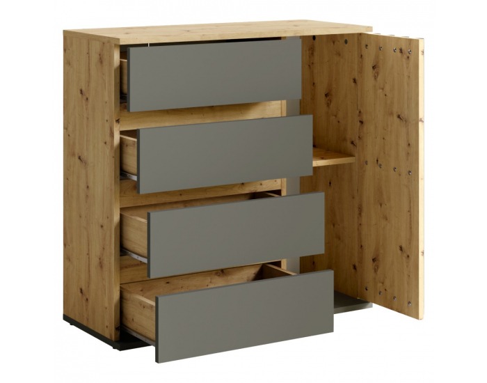Jednodverová komoda so zásuvkami Deris 1D4Z - grafit / dub artisan