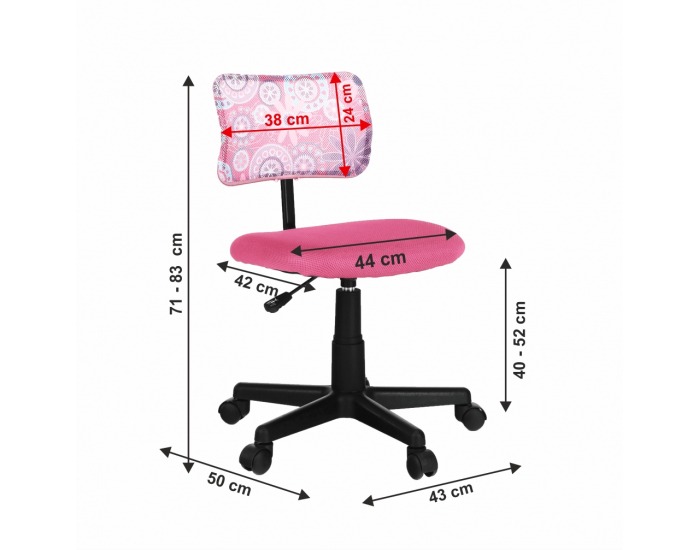 Detská stolička na kolieskach Percy - ružová / vzor / čierna