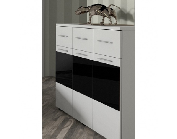 Trojdverová komoda Devon New - biela / čierny lesk