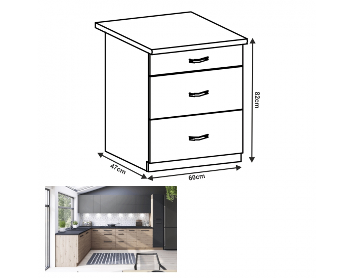 Dolná kuchynská skrinka s úchytkami Langen D60S3 - dub artisan