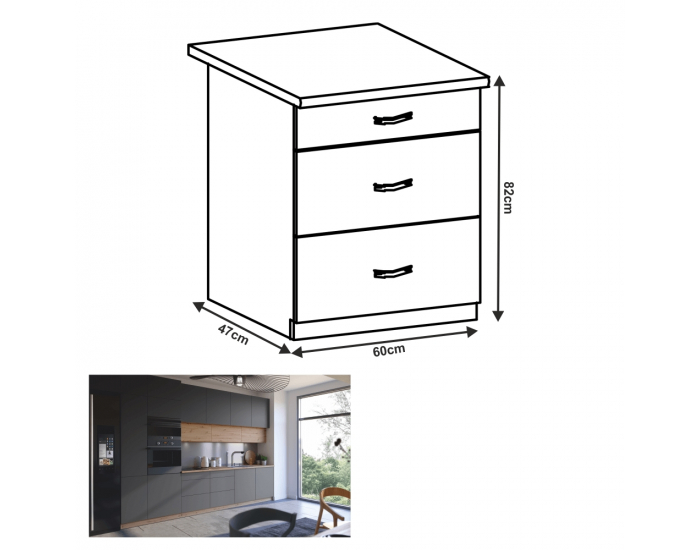 Dolná kuchynská skrinka s úchytkami Langen D60S3 - dub artisan / sivá