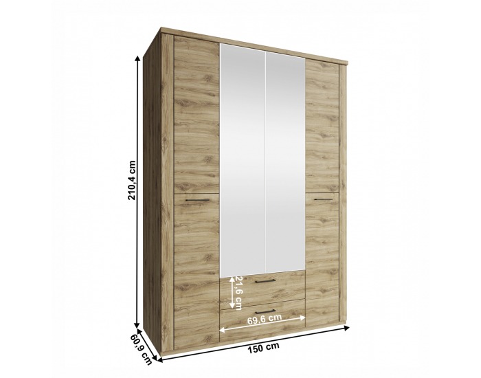 Štvordverová šatníková skriňa so zrkadlom Dorsi 4D2S - dub navarra