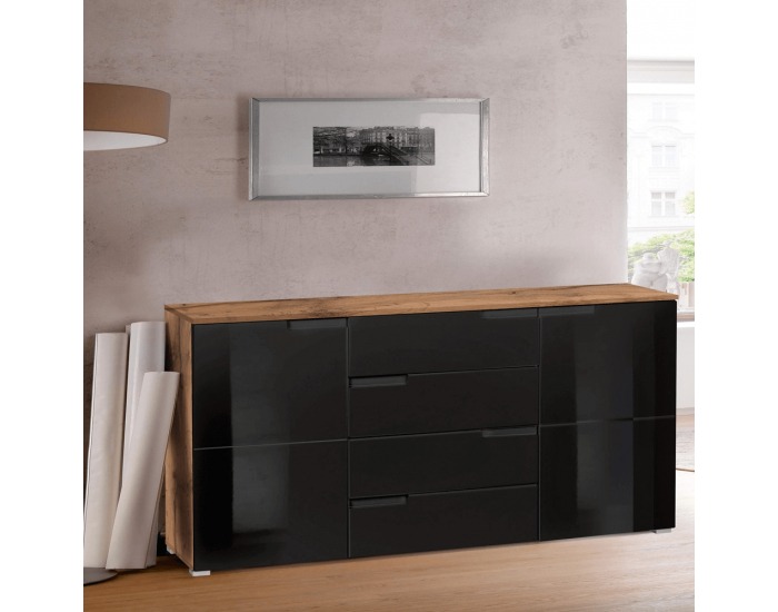 Dvojdverová komoda so zásuvkami Mesire Typ 2 - dub wotan / čierny lesk