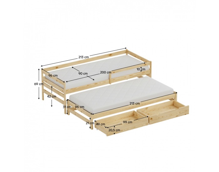 Detská posteľ s prístelkou Elara 90x200 cm - prírodná