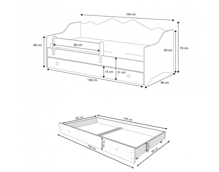 Detská posteľ s matracom a úložným priestorom Elin 80x160 cm - biela / sivý vzor
