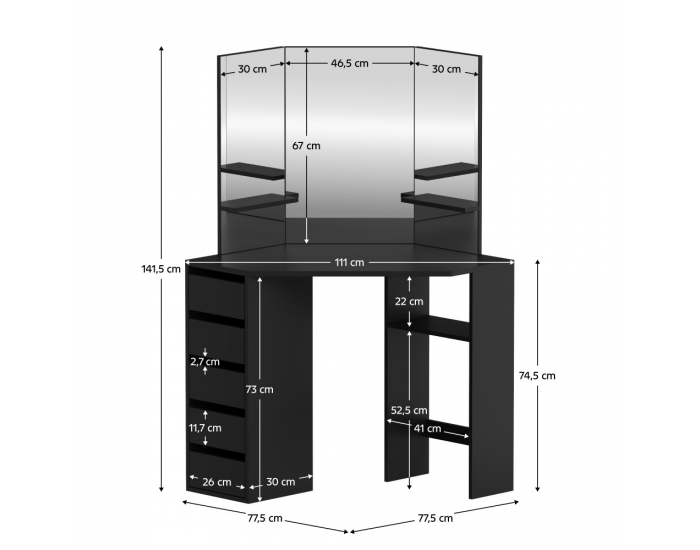 Rohový toaletný stolík Elio - čierna