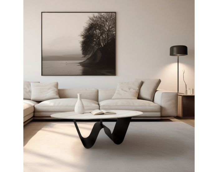 Konferenčný stolík Elvo - biela imitácia mramoru / čierna