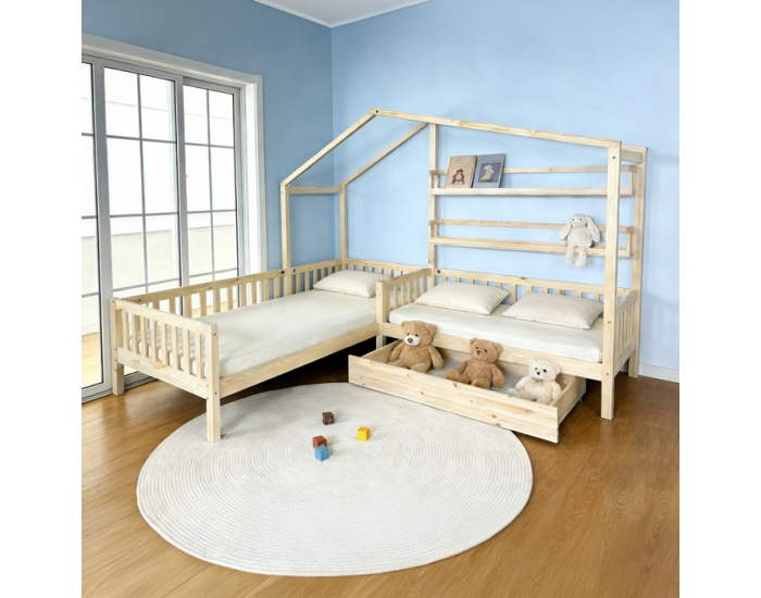 Detská posteľ s roštom pre 2 deti Enola 90x200+70x140 - prírodná