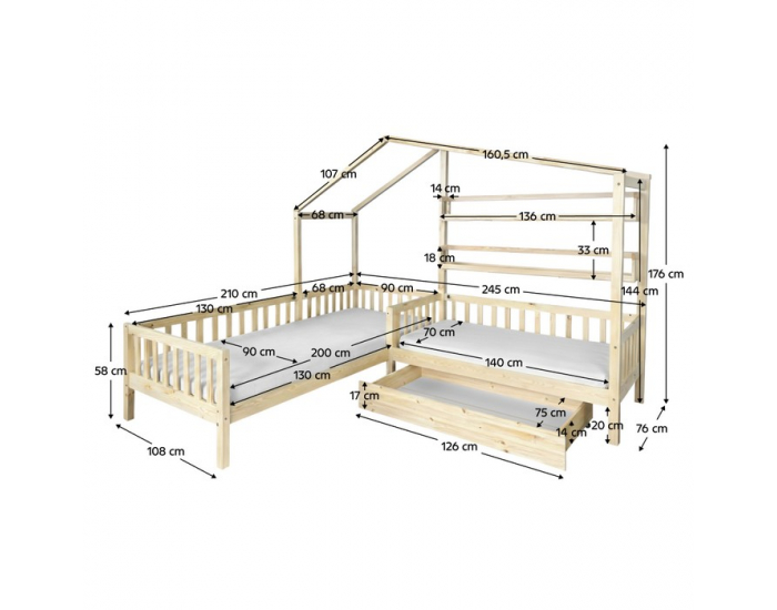 Detská posteľ s roštom pre 2 deti Enola 90x200+70x140 - prírodná