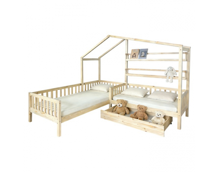 Detská posteľ s roštom pre 2 deti Enola 90x200+70x140 - prírodná