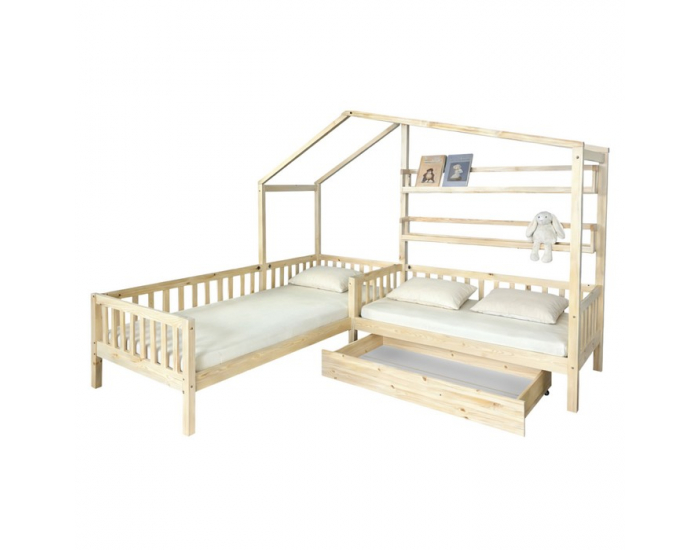 Detská posteľ s roštom pre 2 deti Enola 90x200+70x140 - prírodná