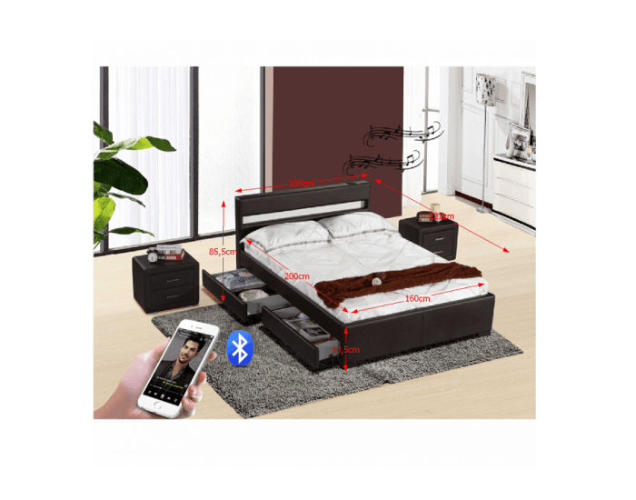 Čalúnená manželská posteľ s roštom a osvetlením Fabala 160 - čierna